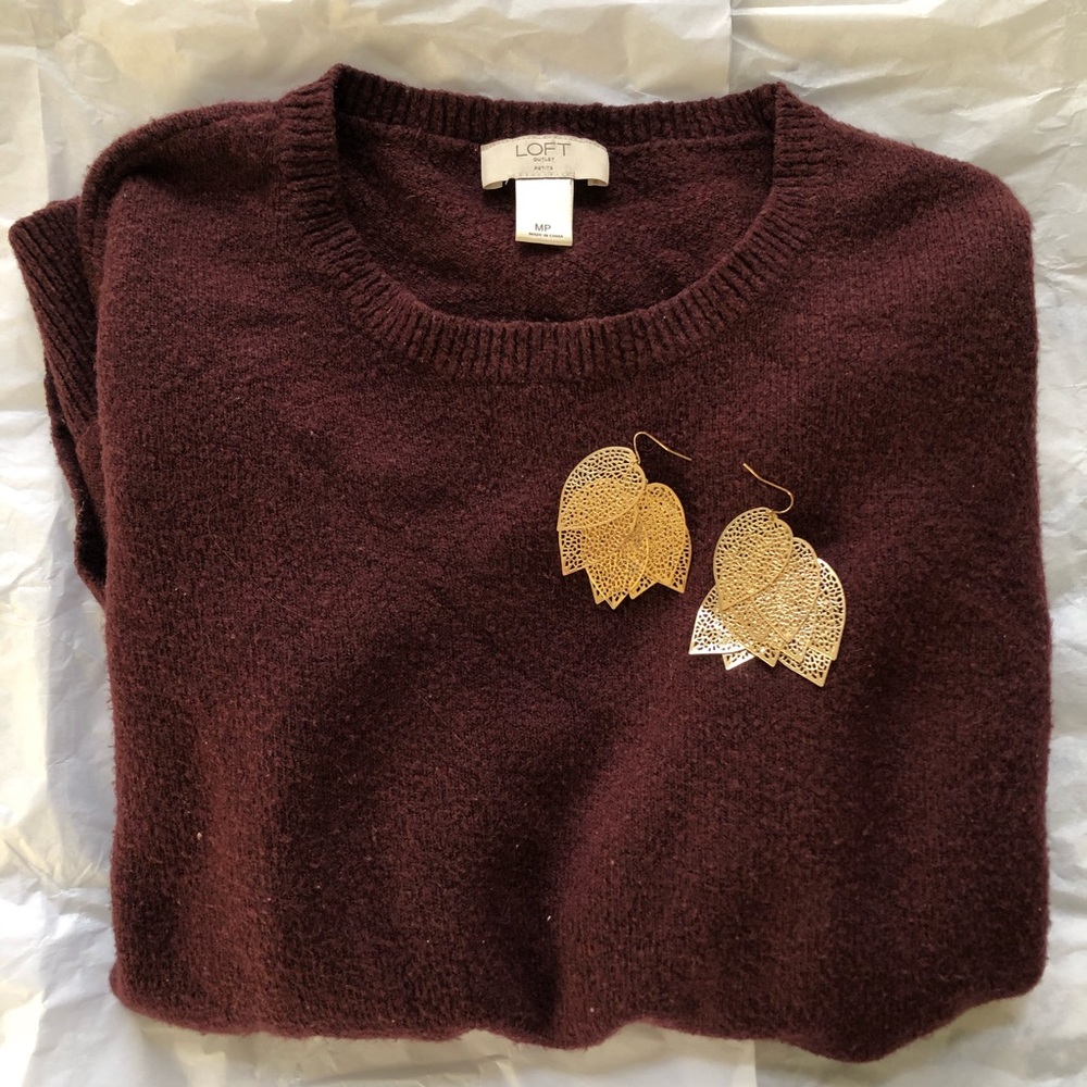 Burgundy loft sweater & gold leaf earrings